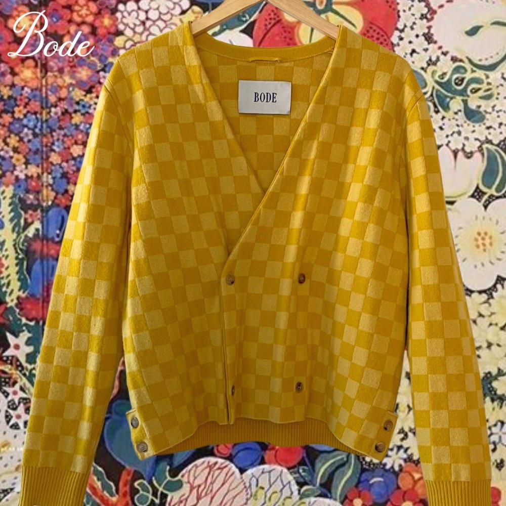 Bode - Yellow Duotone Checkerboard Cardigan